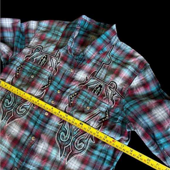 Wrangler Rock 47 Shirt Women Med Blue Red Plaid Metallic Western Rhinestone Snap - Picture 3 of 8